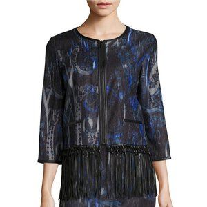 T Tahari Black/Blue Brunella Fringed Paisley Print Jacket XS